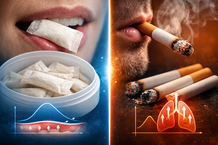 Side-by-side comparison showing nicotine pouches placed under the lip and cigarettes being smoked, illustrating different nicotine delivery methods.