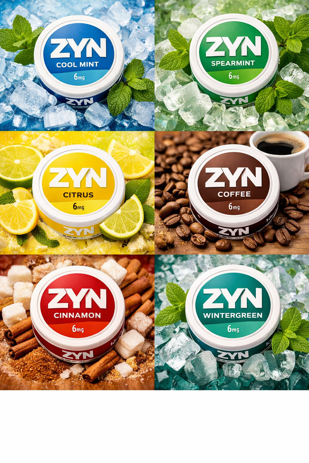 ZYN nicotine pouches in different flavours including Cool Mint, Spearmint, Citrus, Coffee, Cinnamon, and Wintergreen displayed with flavour ingredients