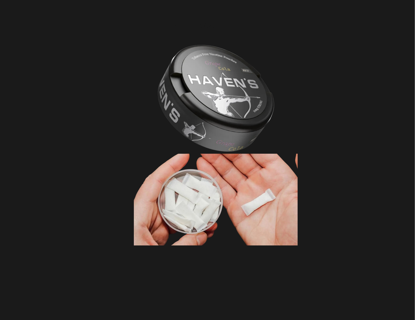 An infographic with two cans from Haven's. One is closed while the other is open and a plam holding pouches.