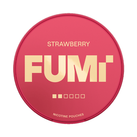 Red circular container with 'FUMi' branding and 'Strawberry' text on a white background