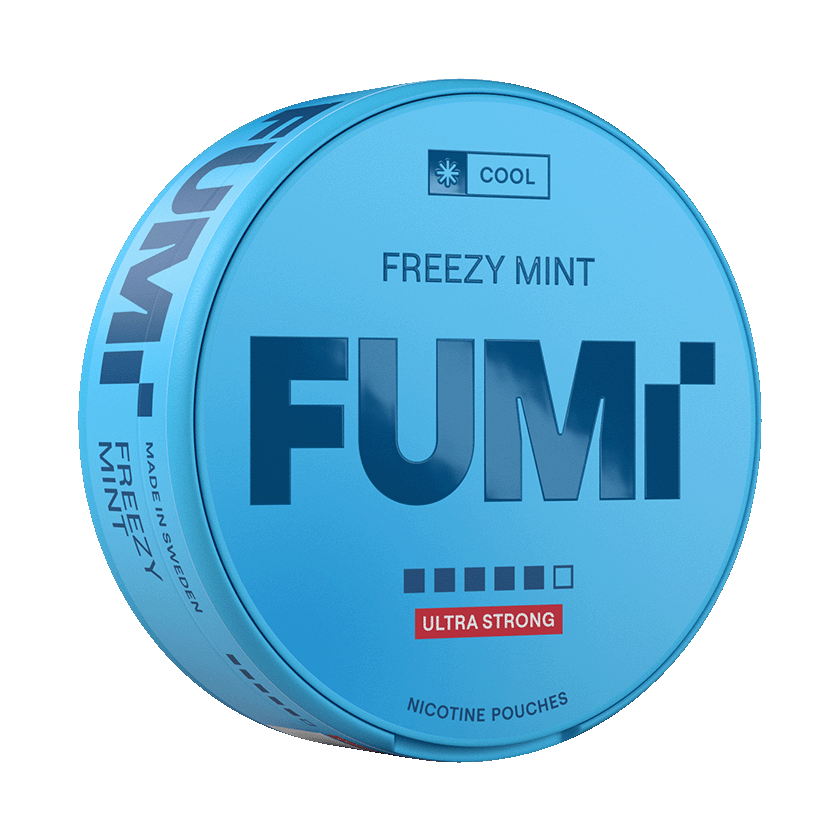 A round blue tin of FUMi Freezy Mint nicotine pouches, featuring bold dark blue lettering and a red 'ULTRA STRONG' label on a clean white background.