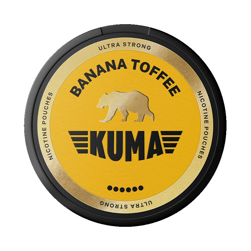 Kuma Banana Toffee nicotine pouches packaging on a white background