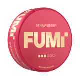 A round pink Fumi Strawberry nicotine pouches tin with gold lettering, shown on a clean white background.