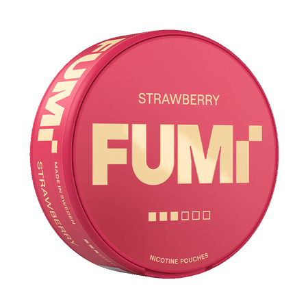 A round pink Fumi Strawberry nicotine pouches tin with gold lettering, shown on a clean white background.