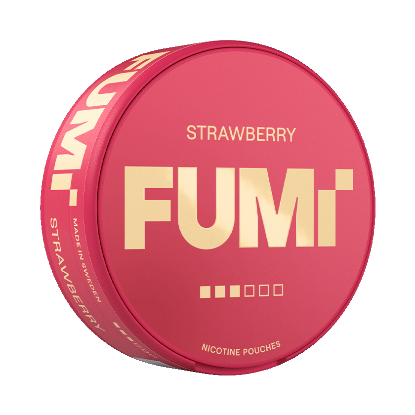 A round pink Fumi Strawberry nicotine pouches tin with gold lettering, shown on a clean white background.