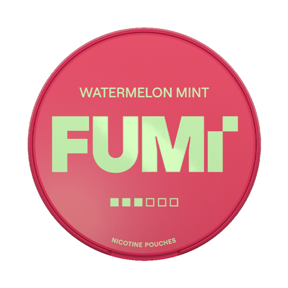 A round pink Fumi Watermelon Mint nicotine pouch can on a solid white background.
