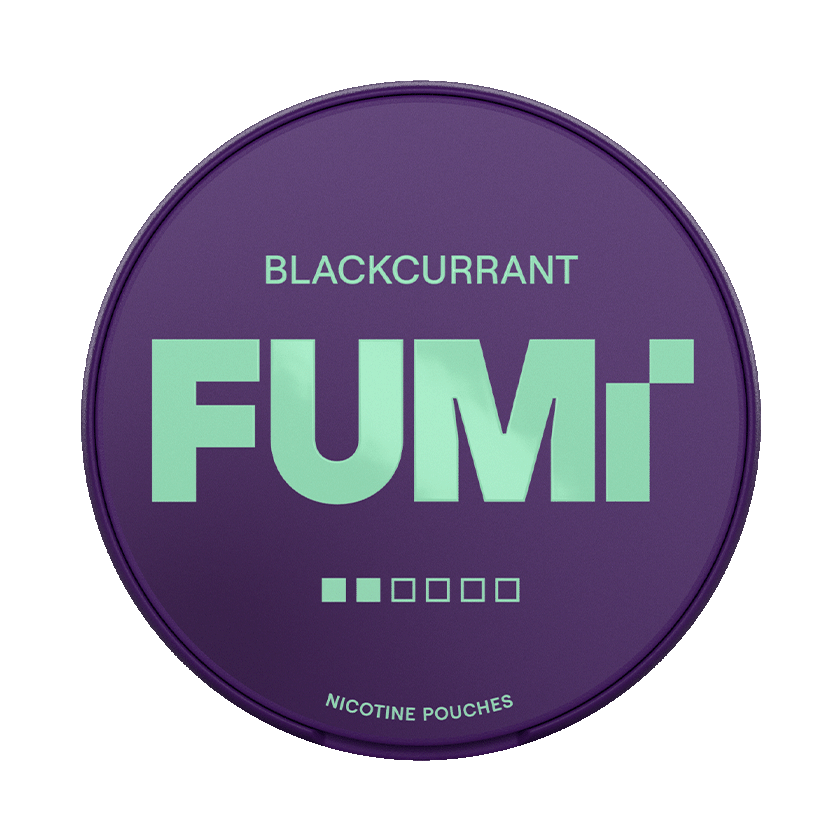 Purple container of FUMi nicotine pouches with 'Blackcurrant' flavor on a white background