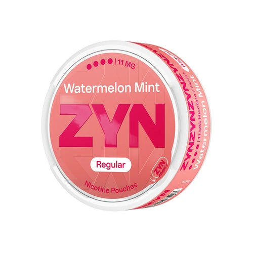 A round container of ZYN Watermelon Mint Regular nicotine pouches, featuring a pink and white label with the brand name 'ZYN' in large magenta letters.