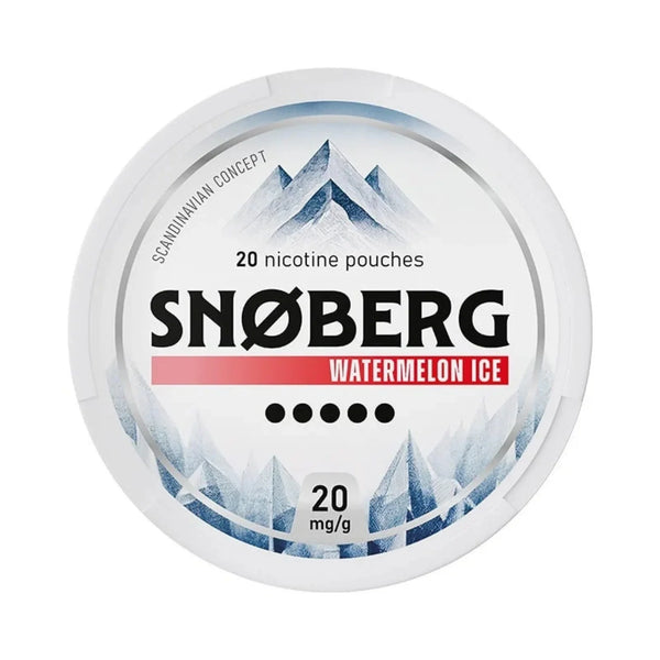 A round white plastic canister of Snøberg Watermelon Ice nicotine pouches, featuring blue mountain graphics and a red banner with the flavor name.