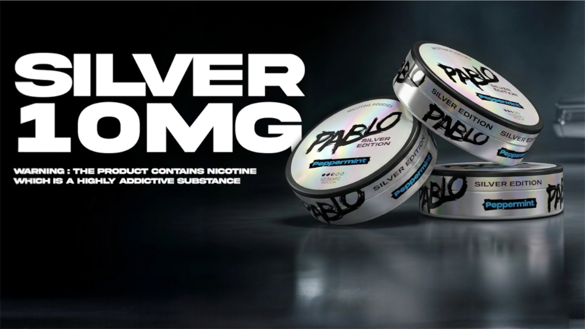 Pablo Silver Edition tobacco pouches with 'Silver 10MG' text on a dark background